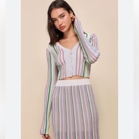 Lulus NWT Eye-Catching Trend Taupe Multi Striped Ribbed Cardigan Top - Picture 14 of 14